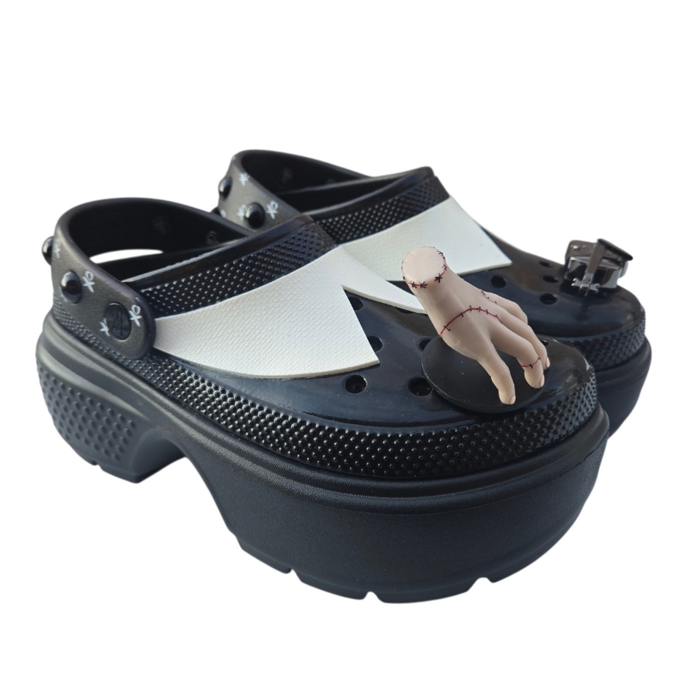 CROCS Black and White Platform Clog Mules with Charm
